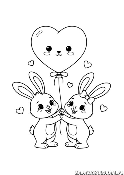Walentynki Kolorowanki do pokolorowania - kochające się króliki z balonem w kształcie serca