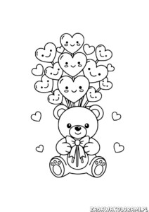 Walentynki Kolorowanki do wydruku - Miś z bukiecikiem serc