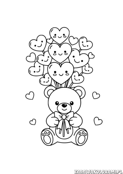 Walentynki Kolorowanki do wydruku - Miś z bukiecikiem serc