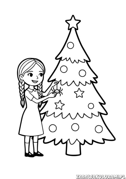 Wednesday Addams choinka kolorowanka: Dziecko ozdabia choinkę świąteczną