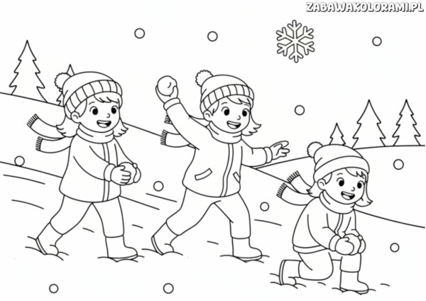 Zabawa w śniegu – kolorowanka zima z trzema dziećmi bawiającymi się w śniegu.