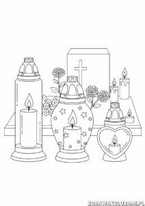 Znicze kolorowanka z płomieniami i kwiatami