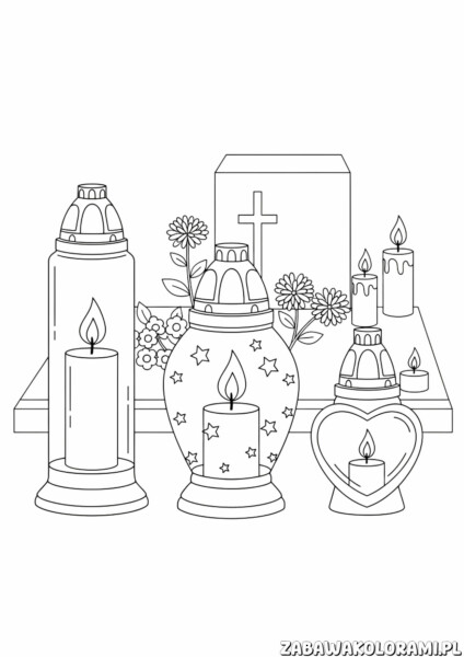 Znicze kolorowanka z płomieniami i kwiatami