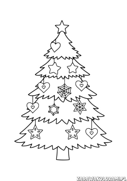 Choinka Malowanka - kolorowanka z choinką, ozdobami i gwiazdką na szczycie