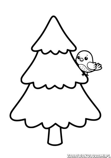 Choinka kolorowanka z ptaszkiem - kolorowanka dla dzieci