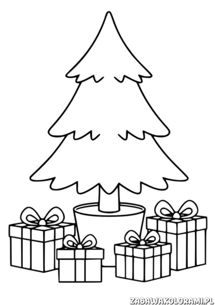 Choinka - kolorowanka świąteczna z prezentami: świąteczna choinka z prezentami do pokolorowania.