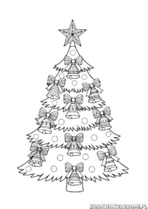 Choinka świąteczna kolorowanka z ozdobami i gwiazdą na szczycie