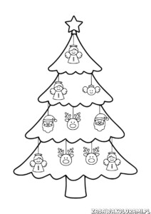 Choinka z ozdobami kolorowanka z aniołkami, reniferami i Mikołajem