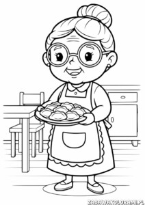 Dzień Babci kolorowanka - babcia w kuchni z talerzem jedzenia