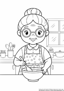 Dzień Babci kolorowanka - babcia gotuje w kuchni