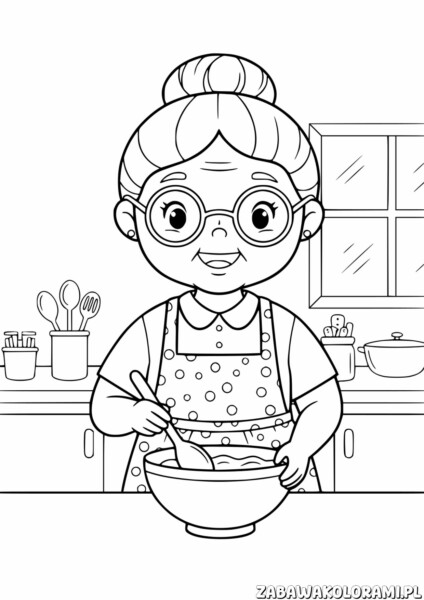Dzień Babci kolorowanka - babcia gotuje w kuchni