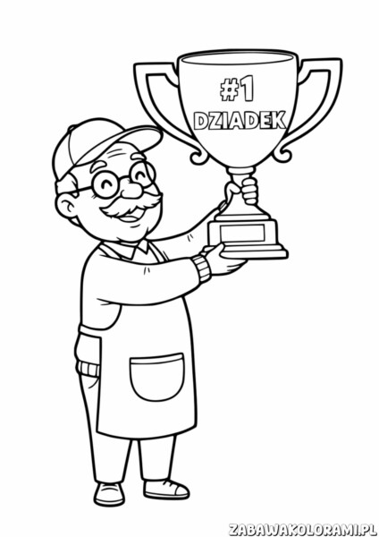 Dzień Dziadka kolorowanka z dziadkiem w kapeluszu trzymającym puchar