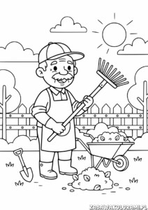 Dzień Dziadka Kolorowanka - Dziadek grabi liście w ogrodzie.