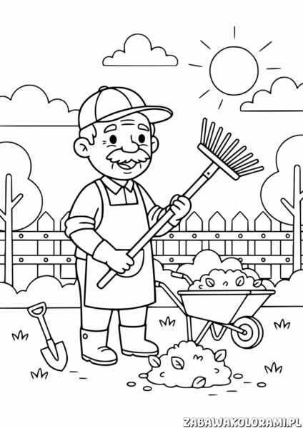Dzień Dziadka Kolorowanka - Dziadek grabi liście w ogrodzie.