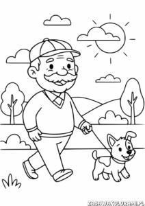 Dzień Dziadka Kolorowanka - Dziadek z pieskiem na spacerze