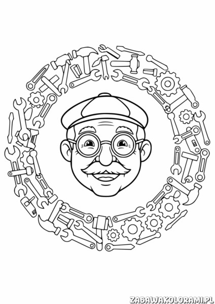 Dzień Dziadka - kolorowanka z dziadkiem otoczonym narzędziami