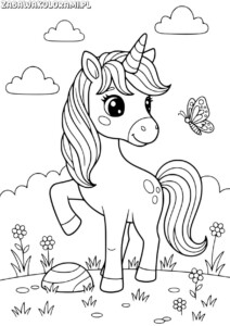 Jednorożec Kolorowanka do druku: uroczy jednorożec na łące z kwiatami i motylem