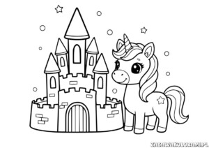 Jednorożec Kolorowanka: Magiczny jednorożec z gwiazdką na czole obok zamku z wieżami