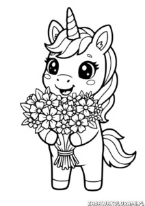 Jednorożec Kolorowanka: Jednorożec trzyma bukiecik kwiatów