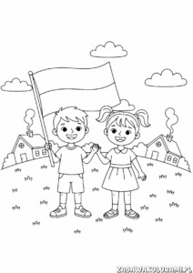 Kolorowanka 11 listopada z dziećmi trzymającymi flagę i domami na tle