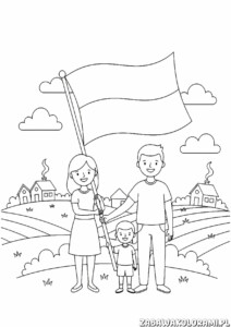 Kolorowanka 11 Listopada do Druku przedstawiająca rodzinę z flagą na tle domów i zielonych pagórków