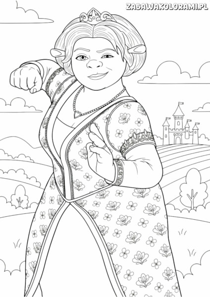 KOLOROWANKA Fiona - Księżniczka w koronie i szacie z kwiatami, uśmiechnięta, z zamkiem w tle