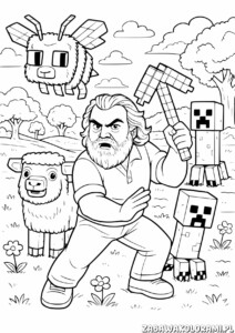 Kolorowanka Minecraft do druku przedstawia Steve'a, owce i miniony w świecie Minecraft