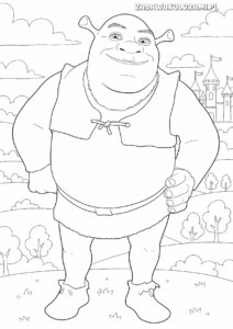 Kolorowanka Shrek - Shrek stoi z rękami na biodrach, w tle krajobraz z drzewami i zamkiem