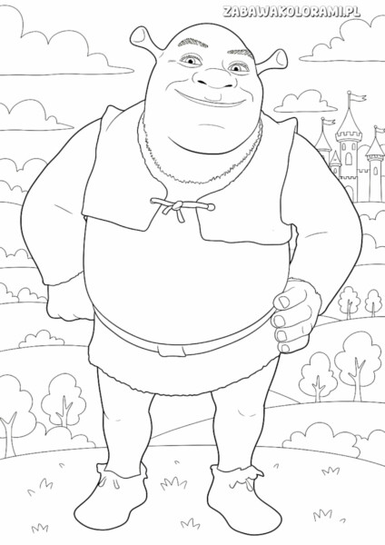 Kolorowanka Shrek - Shrek stoi z rękami na biodrach, w tle krajobraz z drzewami i zamkiem