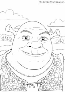 Kolorowanka Shrek do druku - kolorowanka z Shrekiem w tle z zamkiem i drzewami