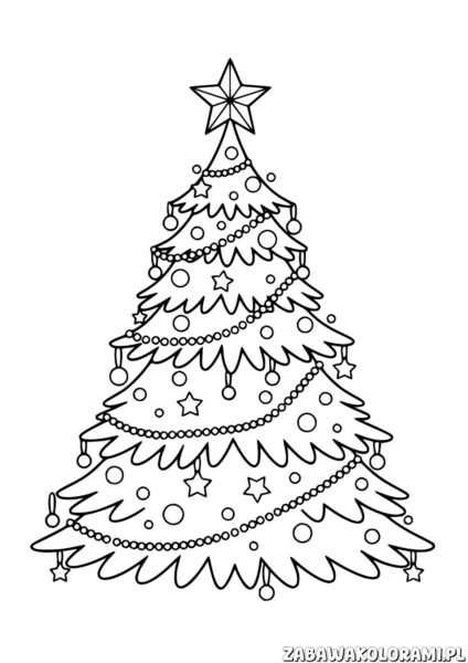 Kolorowanka choinka do druku przedstawia ozdobną choinkę świąteczną z gwiazdek i ozdób
