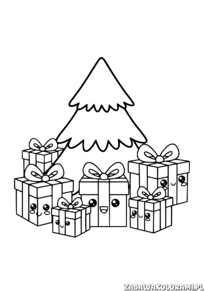 Kolorowanka choinka z prezentami - kolorowanka świąteczna z prezentami i choinką