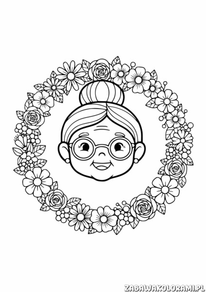 Kolorowanka Dzień Babci do druku - kolorowanka z babcią otoczoną kwiatami