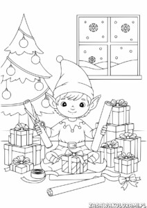 Kolorowanka elf pakuje prezenty - kolorowanka świąteczna dla dzieci