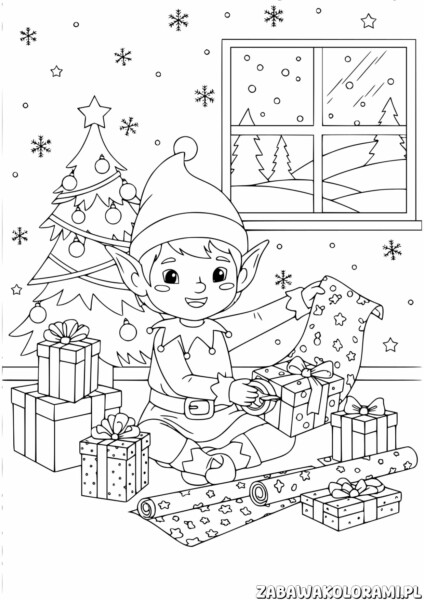 Kolorowanka elf z prezentami - elf z prezentami i drzewkiem