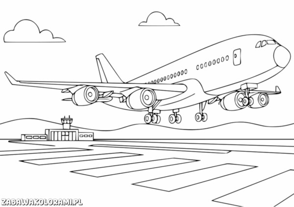 Kolorowanka samolot pasażerski: Samolot na tle lotniska z wieżą kontrolną