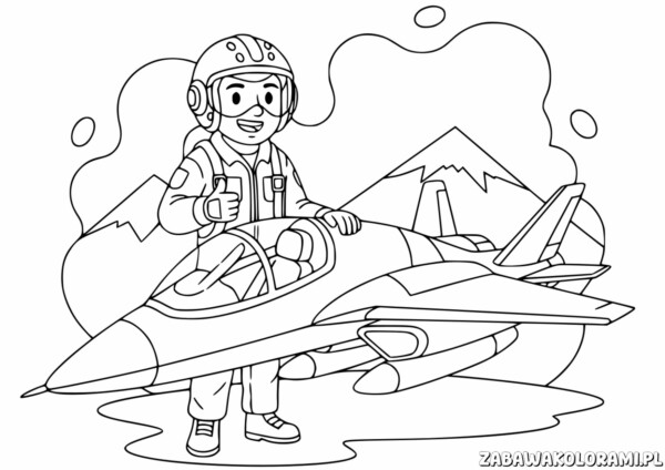 Kolorowanka samolot wojskowy z pilotem w kombinezonie lotniczym