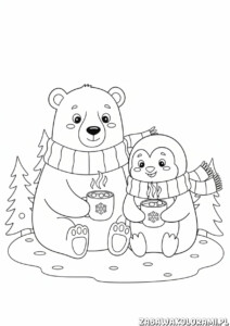 Kolorowanka zima z niedźwiedziami w zimowej scenerii