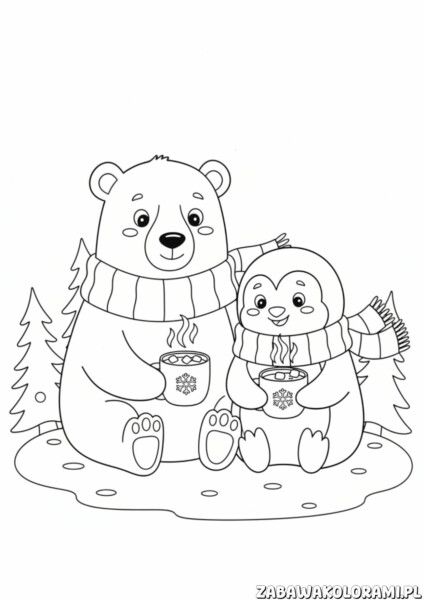 Kolorowanka zima z niedźwiedziami w zimowej scenerii
