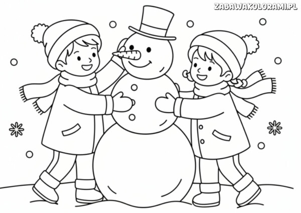 Kolorowanka zima do wydrukowania przedstawia dzieci i bałwana z kapeluszem