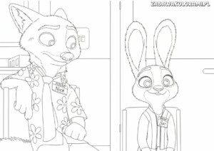 Kolorowanka zwierzogród 2 przedstawia Lisika Nicka i Zająca Judy w zwierzogrodzie