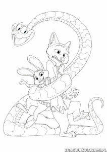 Kolorowanka Zwierzogród przedstawia kota, króliczka i węża w zabawnej scenie