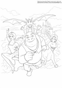 Kolorowanki Shrek do druku z Shrekiem, Fioną i przyjaciółmi w locie nad zamkiem