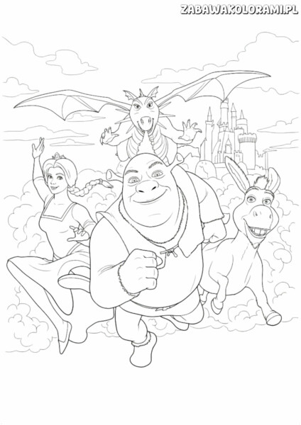 Kolorowanki Shrek do druku z Shrekiem, Fioną i przyjaciółmi w locie nad zamkiem