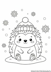 Kolorowanki dla dzieci zima przedstawiają jeża w zimowej czapce