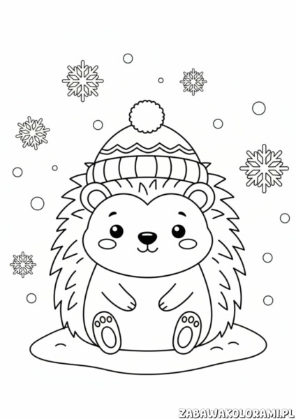 Kolorowanki dla dzieci zima przedstawiają jeża w zimowej czapce