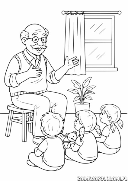 Kolorowanki do druku dzień dziadka - dziadek opowiada wnuczkom bajkę