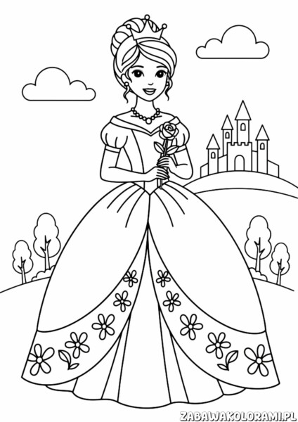 Kolorowanki do druku księżniczki - rysunek linii księżniczki z koroną, sukienką i różą