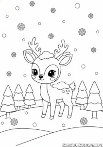 Kolorowanki do druku zima z reniferem i choinkami w zimowym krajobrazie
