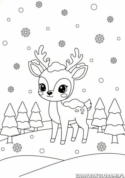 Kolorowanki do druku zima z reniferem i choinkami w zimowym krajobrazie